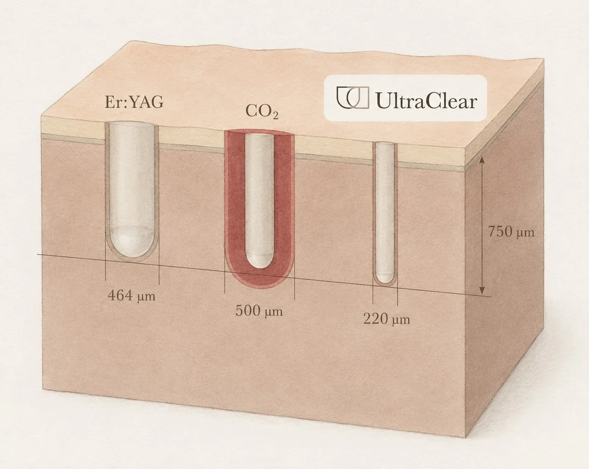 マイクロチャネル1本の断面比較図（Er:YAG 464μm・CO2 500μm・UltraClear 220μm／深さ750μm）